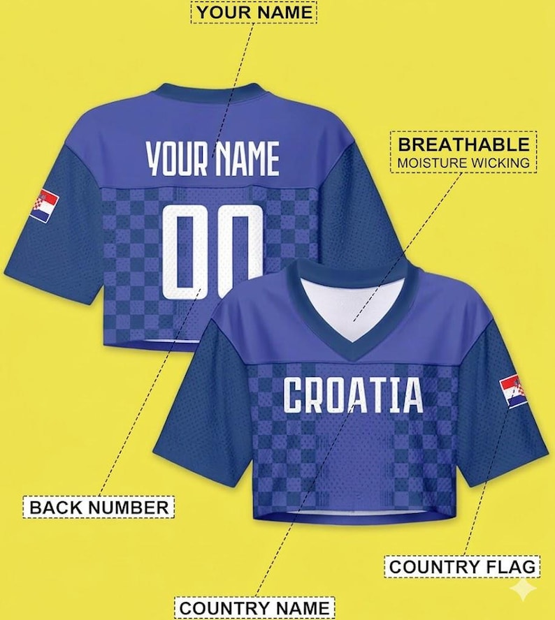 Custom Croatia Style Jersey Crop Top, Personalized Woman Football Shirt, Red White Checkered Aesthetic Summer Outfit, Sporty Gameday image 3
