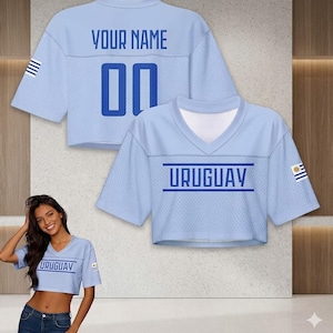 Custom Uruguay Inspired Crop Top Jersey, Personalized Name Number Sport Tee, Light Blue Aesthetic Summer Shirt, Women Streetwear