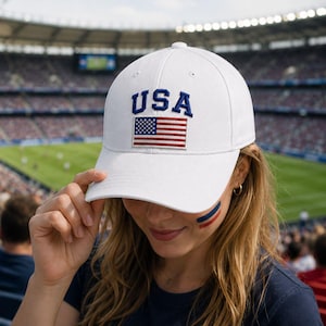 Op de afbeelding: Een witte baseballpet met de tekst USA in blauwe geborduurde letters boven een rechthoekige patch van de Amerikaanse vlag met rode, witte en blauwe strepen en witte sterren op een blauw veld, gecentreerd op de voorkant van de kroon.
