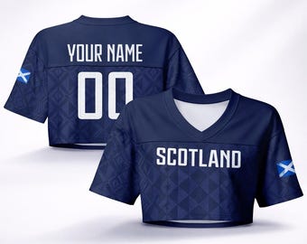 Custom Scotland Inspired Crop Top Jersey, Personalized Name Number Sport Tee, Navy Blue Aesthetic Summer Shirt, Women Streetwear