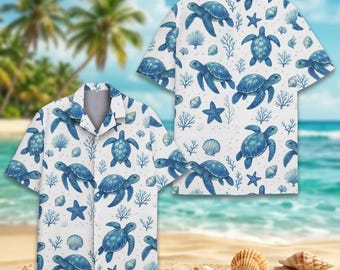 Sea Turtle Hawaiian Shirt, Ocean Beach Shirt, Tropical Aloha Shirt, Summer Vacation Shirt, Coastal Gift for Him