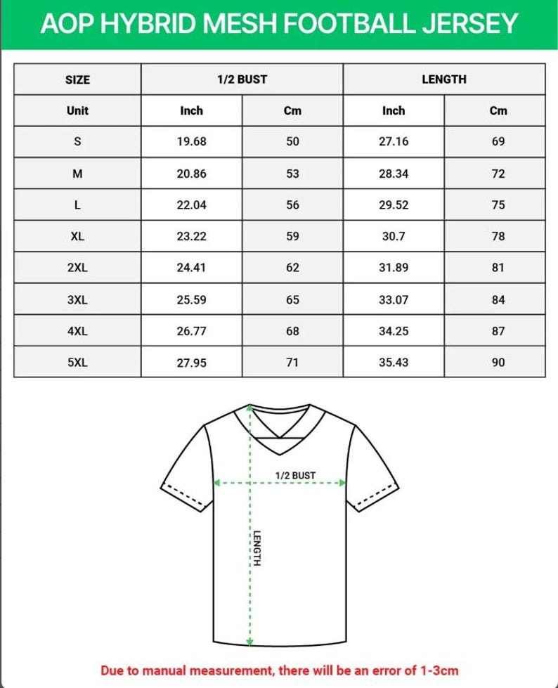 May include: A diagram of a football jersey with size measurements in inches and centimeters. The chart includes sizes S to 5XL, with bust measurements from 19.68 inches (50 cm) to 27.95 inches (71 cm) and lengths from 27.16 inches (69 cm) to 35.43 inches (90 cm). The text at the top reads "AOP HYBRID MESH FOOTBALL JERSEY."