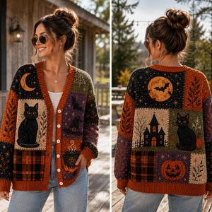 May include: A long-sleeve button-down cardigan featuring a patchwork design with Halloween-themed illustrations including a black cat, a crescent moon, a witch hat, a cauldron, a haunted house, and a jack-o'-lantern in orange, black, and green.
