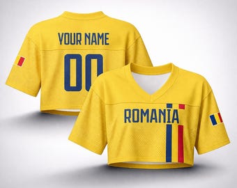 Custom Romania Inspired Crop Top Jersey, Personalized Name Number Sport Tee, Yellow Blue Red Aesthetic Summer Shirt, Women Streetwear