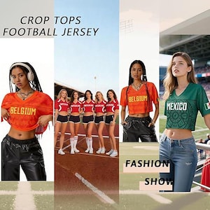 Custom Croatia Style Jersey Crop Top, Personalized Woman Football Shirt, Red White Checkered Aesthetic Summer Outfit, Sporty Gameday image 4