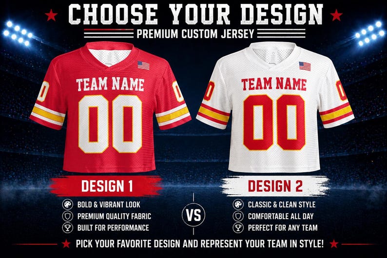 May include: Two custom football jerseys, one red and one white, with the text "TEAM NAME" and the number "00". The jerseys have yellow and white accents. The image includes the text "CHOOSE YOUR DESIGN" and "PREMIUM CUSTOM JERSEY".