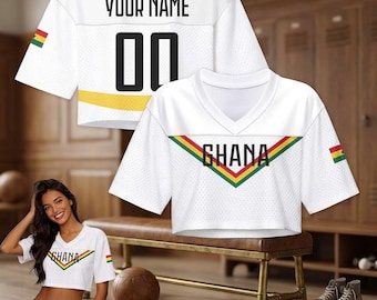 Custom Ghana Inspired Crop Top Jersey, Personalized Name Number Sport Tee, Black Star Ghana Flag Aesthetic Summer Shirt, Women Streetwear