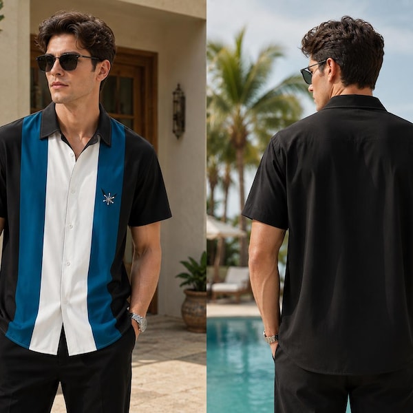 Color Block Button Up Shirt, Men's Casual Camp Collar Shirt, Short Sleeve Summer Beach Shirt, Resort Vacation Outfit for Men
