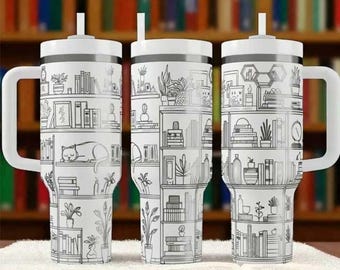 Vaso para amantes de los libros de 1,2 litros con asa, taza con diseño de estantería, regalo minimalista para lectores, taza de viaje con estética de biblioteca, taza con diseño de gatos y libros.