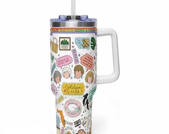 Vaso de Golden Girls de 1,2 litros con asa, taza con collage de la serie de televisión retro, regalo de Blanche, Dorothy, Rose y Sophia, taza de viaje divertida y nostálgica.