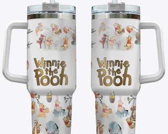 Vaso térmico de Winnie the Pooh de 1,2 litros (40 oz) con diseño de oso adorable. Taza de viaje con aislamiento térmico, asa y pajita.