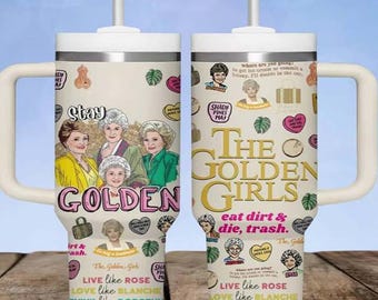 Vaso térmico de 1,2 litros (40 oz) de Las Chicas de Oro con asa, taza con la frase "Stay Golden", regalo divertido de la serie de televisión retro, taza de viaje con collage colorido