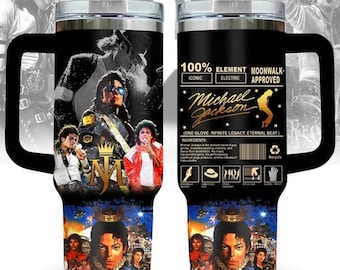 Vaso térmico de Michael Jackson de 1,2 litros con asa, taza con collage del Rey del Pop, regalo para fans de MJ, taza de viaje de leyenda de la música, vajilla retro de estrella del pop.