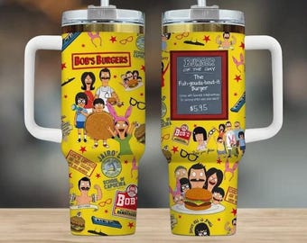 Vaso térmico de 1,2 litros de Bob's Burgers, taza de acero inoxidable con diseño de la familia de dibujos animados, diseño de la hamburguesa del día, regalo divertido de la serie de televisión, taza de viaje con estética amarilla.