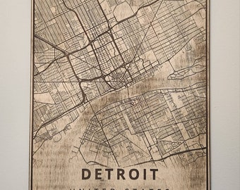 Detroit Wood Map - 3D Laser Engraved City Street Map - Handcrafted Michigan Wall Art