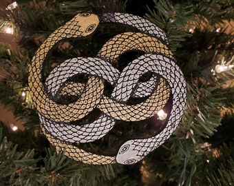 Infinity Snake Wood Ornament - Handcrafted Ouroboros Symbol Decor - Silver and Gold Fantasy Gift