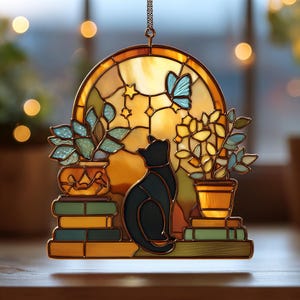 Black Cat and Ghost Reading Book Suncatcher – Book Window Decor with Plants - Book Window Decor, Ghost and Plants, Cat Lover Gift