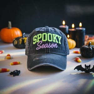 Embroidered Spooky Season Hat – Ghost & Pumpkin Cap, Spooky Season Snapback, Fun Halloween Gift for Her, Halloween Spooky Season Hat