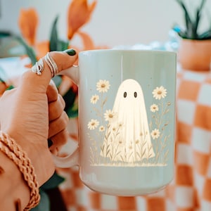 Cute Cottagecore Ghost Coffee Mug, Spooky Witchy Mugs for Ghost Lovers, Halloween Gift Cup, Fall Mugs, Wildflower Ghost Mug