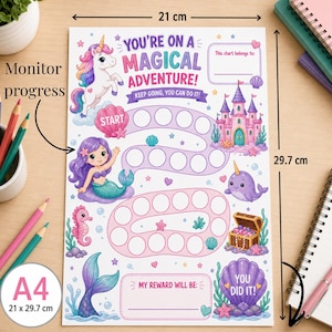 Può includere: Grafico in formato A4 (21 x 29,7 cm) con tema avventura magica. Presenta un unicorno, una sirena e un castello, con il testo "You're on a Magical Adventure!" e "Keep going, you can do it!". Include spazi per monitorare i progressi e celebrare i risultati.