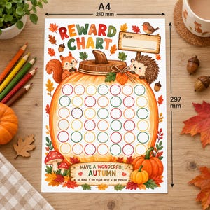 Pode incluir: Um quadro de recompensas A4 medindo 210 mm por 297 mm com uma ilustração de abóbora, um esquilo, um ouriço e um pisco. Inclui um campo para o nome, círculos coloridos para registo e o texto Have a Wonderful Autumn, Be Kind, Do Your Best, Be Proud.