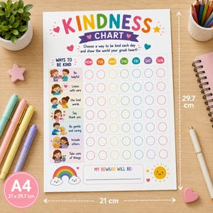 Puede incluir: Una tabla de bondad blanca impresa en papel de 21 cm por 29,7 cm. La tabla presenta texto colorido, ilustraciones de niños realizando actos amables, una cuadrícula semanal con círculos para cada día y una sección para recompensas al final.