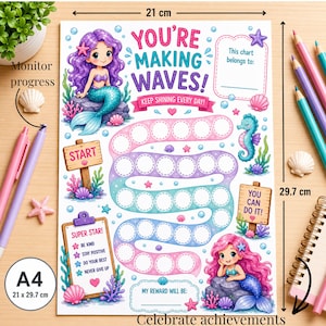 Puede incluir: Tabla de recompensas con temática de sirenas, tamaño A4 (21 x 29,7 cm), con el texto "YOU'RE MAKING WAVES!" y "KEEP SHINING EVERY DAY!". Presenta ilustraciones de sirenas, caballitos de mar y conchas marinas. Incluye espacio para controlar el progreso.