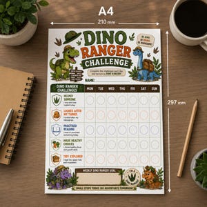 May include: A Dino Ranger Challenge activity chart measuring 210 mm by 297 mm. The paper features a green T-Rex and a blue long-necked dinosaur, a weekly task grid with icons for daily habits, a name line, and the text Dino Ranger Challenge.