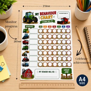 May include: A4 size behavior chart with a tractor theme. The chart, measuring 210mm x 297mm, features illustrations of tractors, a barn, and the text "MY BEHAVIOUR CHART = I CAN DO IT!" with spaces to monitor progress and celebrate achievements.