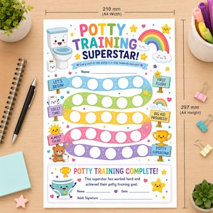 Könnte beinhalten: Ein buntes Belohnungsdiagramm für das Töpfchentraining mit den Maßen 210 mm mal 297 mm. Das Blatt zeigt den Text Potty Training Superstar, einen gewundenen Pfad aus Kreisen für Aufkleber, einen Regenbogen, eine Toilette und einen Bären. Mit Feldern für Name und Datum.