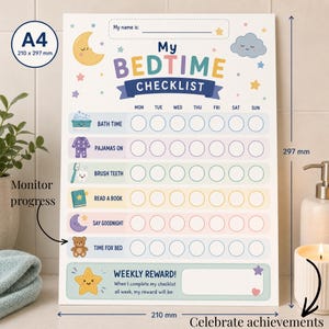 May include: A colorful bedtime checklist with the words "My Bedtime Checklist" at the top. The checklist includes tasks like bath time, pajamas on, and brushing teeth. The dimensions are 210 x 297 mm.