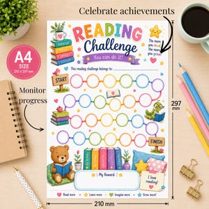 Może przedstawiać: Karta wyzwania czytelniczego w formacie A4 (210 x 297 mm) z kolorowymi ilustracjami i tekstem. Karta zawiera tekst "Reading Challenge" i "You can do it!" z miejscem na wpisanie imienia. Posiada linię startu i mety oraz sekcję nagród.