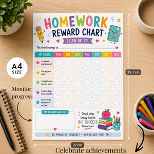 May include: A white A4 homework reward chart measuring 21 cm by 29.7 cm. The chart features colorful text, a grid for tracking goals from Monday to Sunday, a section for rewards, and illustrations of a smiling pencil, notebook, and books.