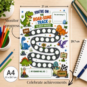 May include: A4-sized dinosaur-themed reward chart, measuring 8.3 x 11.7 inches. Features a road-like path with spaces for stickers, and dinosaur illustrations. Includes text: "You're on the Roar-some Track to Great Success!" and "Celebrate achievements."