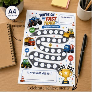 May include: A4-sized reward chart with a road design and cartoon vehicles. The chart includes the text "You're on the Fast Track to Great Success!" and "My Reward Will Be:" with space to write. Dimensions are 8.3 x 11.7 inches.