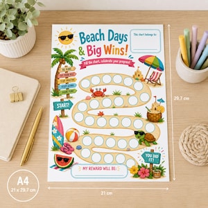 May include: A rectangular A4 reward chart measuring 21 cm by 29.7 cm titled Beach Days & Big Wins! featuring a winding sandy path with empty circles for tracking progress, decorated with a sun, palm tree, crab, turtle, and beach items.