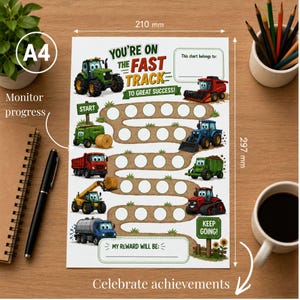 May include: A4-sized reward chart with colorful cartoon tractors and the text "YOU'RE ON THE FAST TRACK TO GREAT SUCCESS!" measuring 8.3 x 11.7 inches. Includes space to write "This chart belongs to:" and "MY REWARD WILL BE:" to celebrate achievements.