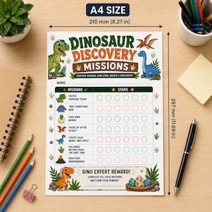 May include: A white A4 size paper chart titled Dinosaur Discovery Missions with a list of tasks, dinosaur illustrations, and empty circles for stars. The chart measures 210 mm by 297 mm, or 8.27 inches by 11.69 inches, and includes a Dino Expert Reward section.