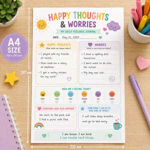 May include: A white A4 size daily feelings journal sheet titled Happy Thoughts & Worries. The page includes sections for date, happy thoughts, worries, a mood tracker with six emoji faces, positive events, self-care, and affirmations.