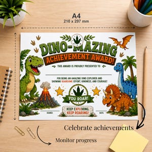 May include: An A4 210 x 297 mm Dino-Mazing Achievement Award certificate featuring a green T-Rex, a blue long-necked dinosaur, a brown triceratops, a flying pterodactyl, and a volcano. The text reads Dino-Mazing Achievement Award, You Roar, and Keep Exploring, Keep Roaring.