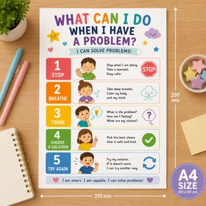 Peut inclure: Une affiche éducative blanche au format A4 intitulée What Can I Do When I Have A Problem? présentant cinq étapes numérotées avec des illustrations et du texte pour la résolution de problèmes. L'affiche mesure 210 mm sur 297 mm et inclut des icônes colorées, des personnages de dessin animé et du texte pédagogique.