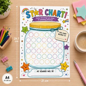 Puede incluir: Una tabla de estrellas A4 blanca que mide 21 cm por 29,7 cm con un frasco grande ilustrado y círculos vacíos para pegatinas. El texto dice STAR CHART! Every star brings you closer to something amazing! THIS CHART BELONGS TO: y MY REWARD WILL BE: