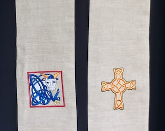 Natural Linen Clergy stole with Custom Designs MADE TO ORDER