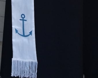 Deacon's Stole, Vestment, white Silk, Anchor design with fringe MADE to ORDER