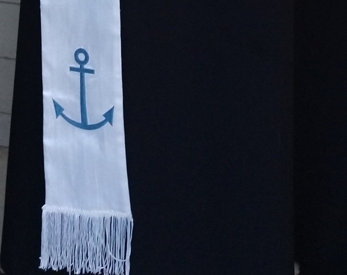 Deacon's Stole, Vestment, white Silk, Anchor design with fringe MADE to ORDER