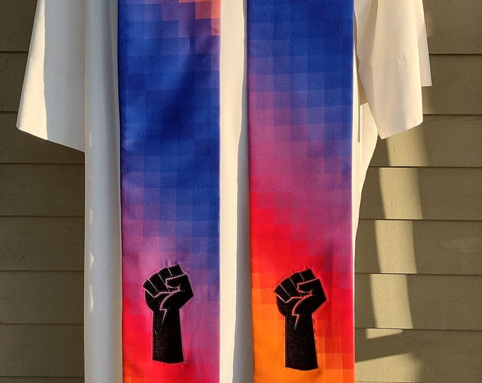 Clergy Stole, Protest fist embroidery, on Rainbow check fabric