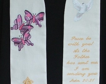 Clergy Stole, Pastor's Stole, Priest's Stole, Vestments Easter  Butterflies,  MADE TO ORDER