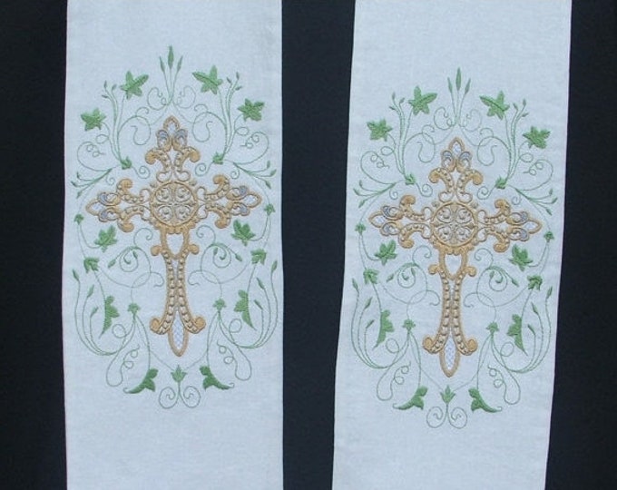 Clergy Stole, Vestment, White with Filligree Cross Design with leaf frame, Weddings MADE TO ORDER