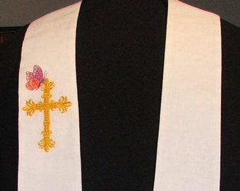 Christmas and Easter Clergy stole, white, with stars, cross, butterfly, MADE to ORDER