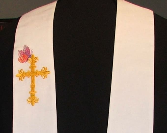 Christmas and Easter Clergy stole, white, with stars, cross, butterfly, MADE to ORDER